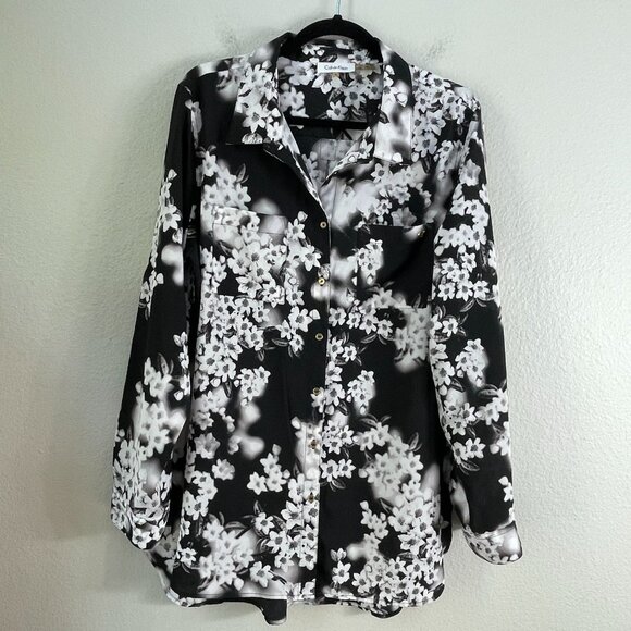 Calvin Klein Womens XL Floral Button Up Shirt Roll Tab Sleeve Blouse Top - Picture 7 of 13